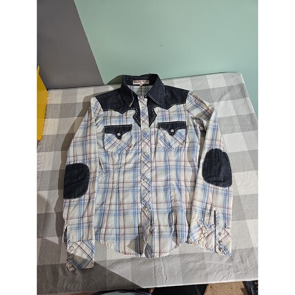 Vigoss Plaid Western Shirt,‎ Pearl Snaps denim, plaid size M - Picture 1 of 12
